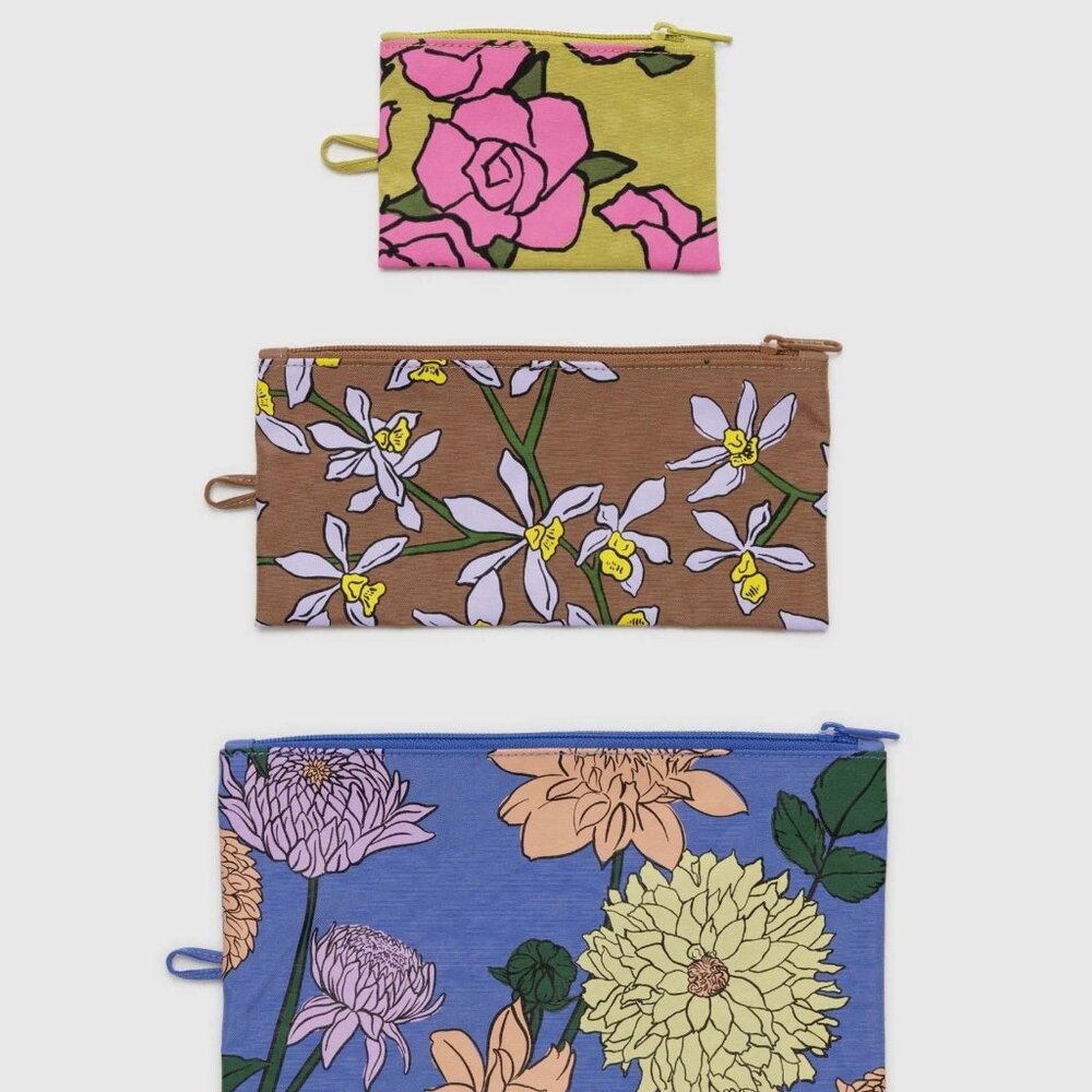 NWT Baggu Flat Pouch Set - Garden Flowers (Orchid, Rose, Dahlia)